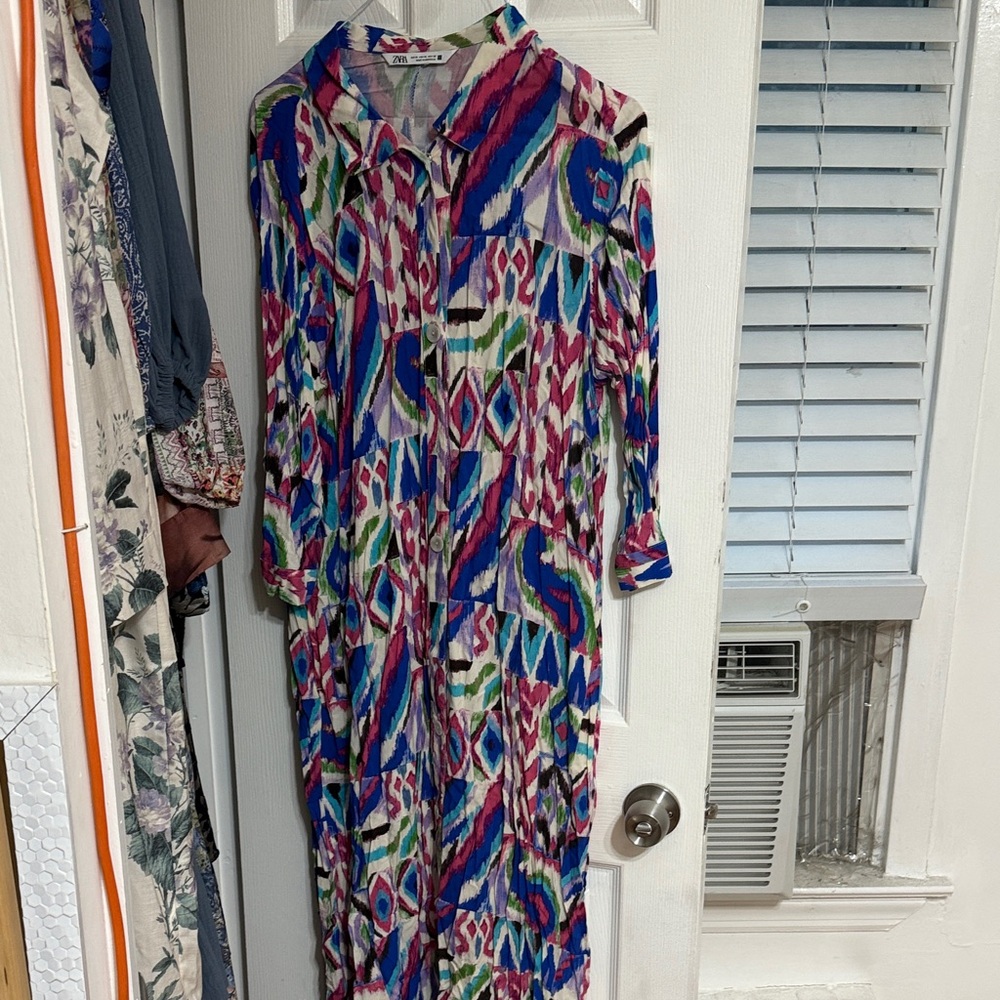 Zara Multicolor Printed Long Sleeve Shirt Dress - Blue, Pink, Green